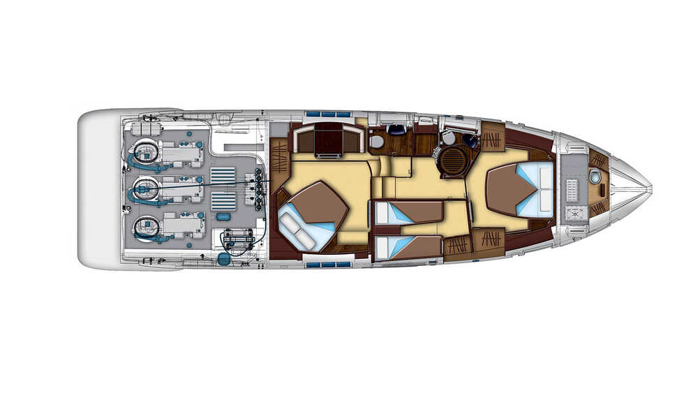 Нижняя палуба (показано расположение двигателей) Azimut 55S